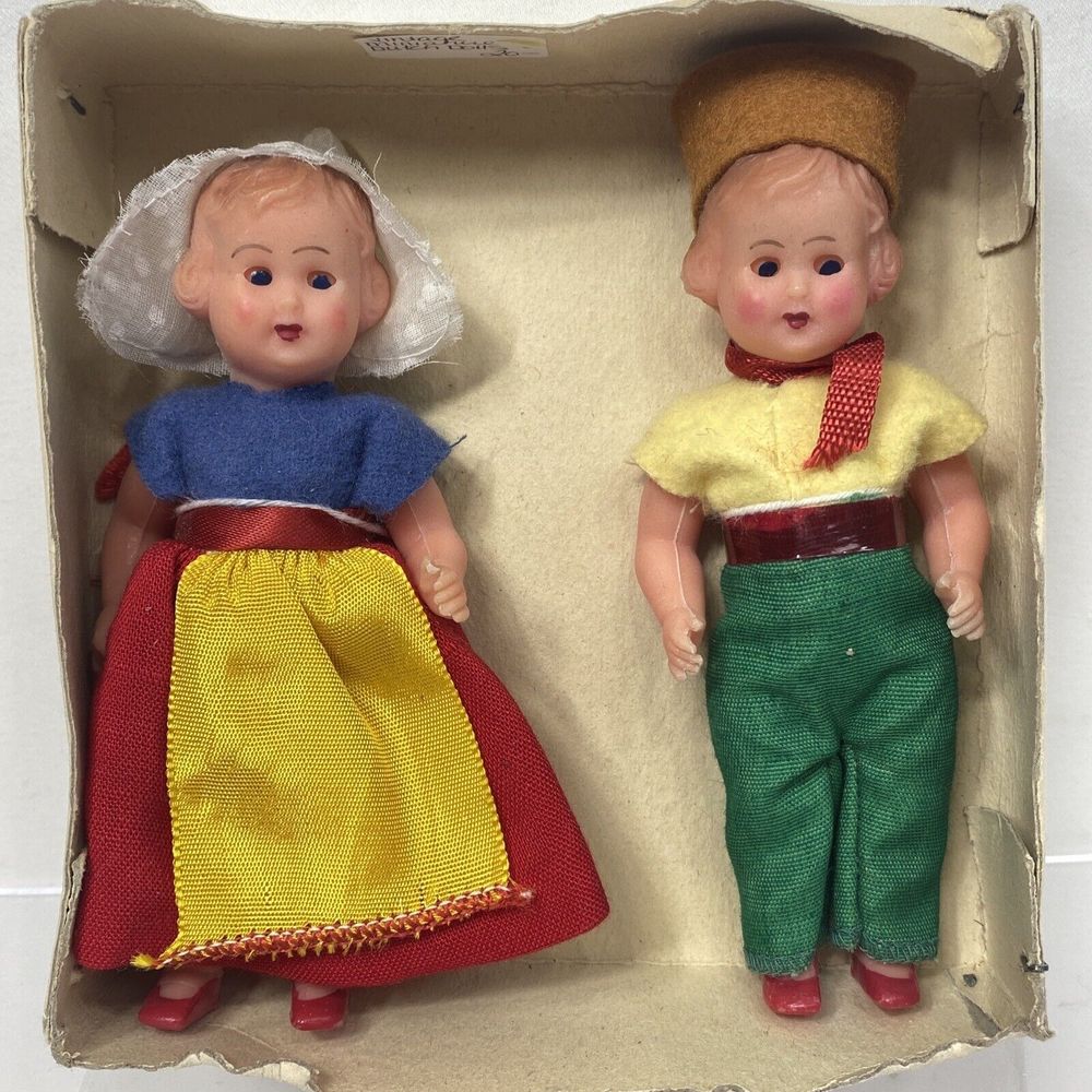 Vtg Pair Dutch Doll Eyes Open Close Sleep Boy Girl Costume Jointed Made In Italy